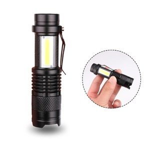 Mini taktická nabíjateľná ZOOM baterka duo XPE+COB LED s klipom
